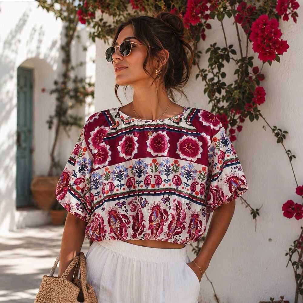 Catherine Malandrino batik Floral puff sleeves crop Blouse L